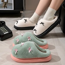 Womens Cute Bow Plush Slippers Soft Warm Cozy Indoor House Shoes