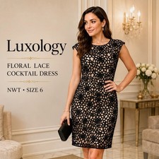 Luxology Black Lace Overlay Cocktail Dress Beige Lining Open Back Size 6 NWT