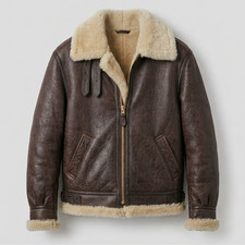 Mens Brown Shearling Sheepskin Leather B3 Bomber Aviator Flight Jacket Coat