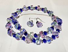 Handmade Multi-Color Blue Glass Bead Necklace And Earring Set With Silver...