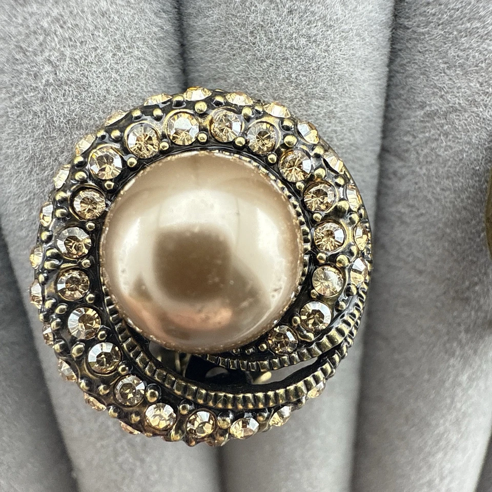 Heidi Daus Earrings Spiral Round Imitation Pearl Rhinestones Mocha Omega Back - Image 3 of 4