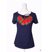 Navy Blue T-shirt with embroidered roses - Ukrainian National Clothing Style