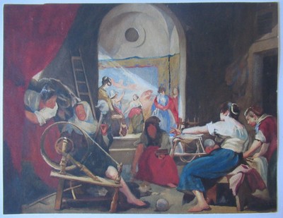 Feines antikes Exemplar ''Ein Garn spinnen'' nach Diego Velázquez Aquarell Gemälde