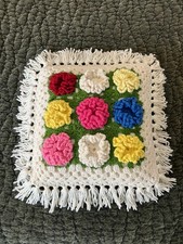 Vintage Crochet Granny Square Throw Pillow Hand Made Spring Garden, Great 
