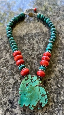 Authentic Tibetan Turquoise, Red Coral,  and Sterling Silver Necklace
