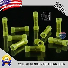 200 Pack 12-10 Gauge Wire Butt Connectors Yellow Nylon 12-10 AWG Crimp Terminals