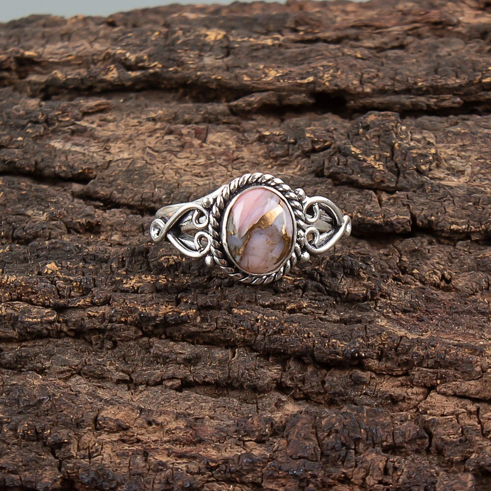 Oval Pink Opal Turquoise 925 Sterling Silver Promise Bezel Set Band Ring Jewelry - Image 3 of 4