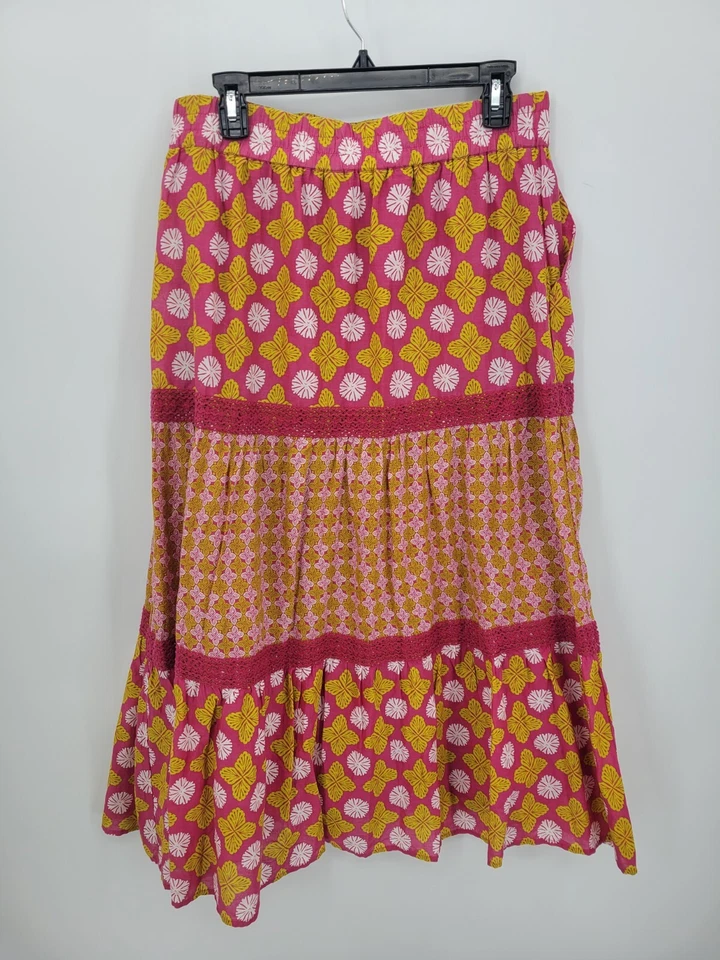 Sigrid Olsen Skirt Womens Large Pink Gold Floral Tiered Ruffled Pull On Artsy - Image 2 of 4