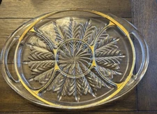 Vintage Jeanette Feather Clear Glass Gold Trim 5 Section Handled Relish Tray