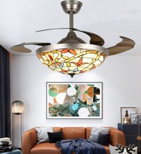 42''Tiffany Invisible Ceiling Fan w/LED Light Retro Stained Glass LED Chandelier