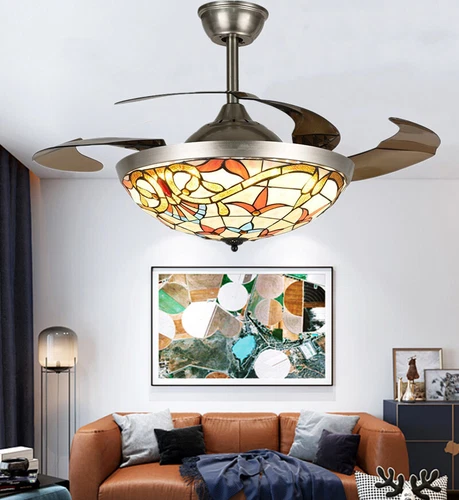 42''Tiffany Invisible Ceiling Fan w/LED Light Retro Stained Glass LED Chandelier