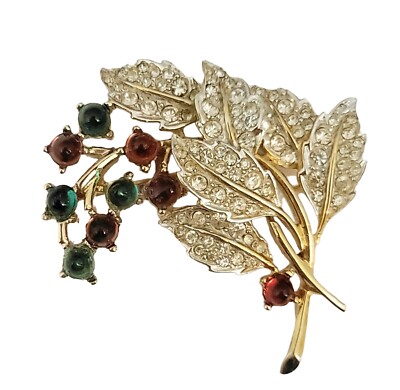 Gold Tone Multicolor Round Buff Cab Rhinestone Leaf Sphinx Style Numbered Brooch
