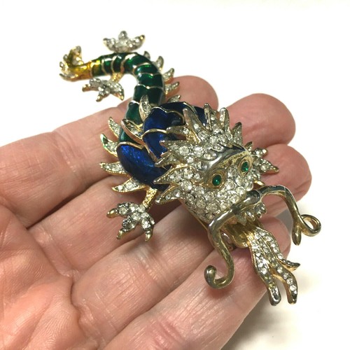 Vintage unsigned BUTLER & WILSON DRAGON BROOCH Pin Rhinestone & Enamel H328u