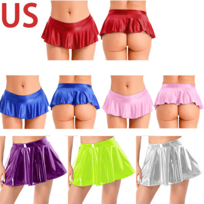 US Women's PVC Leather Pleated Mini Skirt Flared A Line Skater Skirts Clubwear