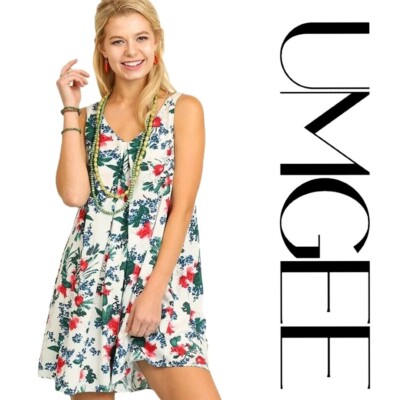 S UMGEE OFF WHITE/GREEN Floral Print Strap Back Keyhole  Dress/Tunic   BHCS