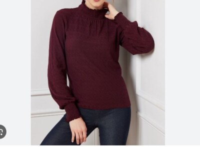 TALBOTS Plus Burgundy Jacquard Smocked Neck Knit Blouse  TOP Blouse 0X Petite