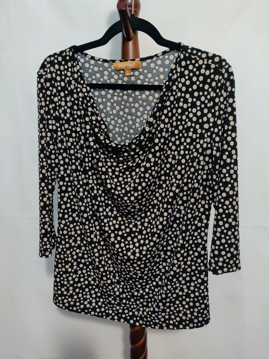 Ellen Tracy women size M top black with tan polka dots 3/4  display picture 1