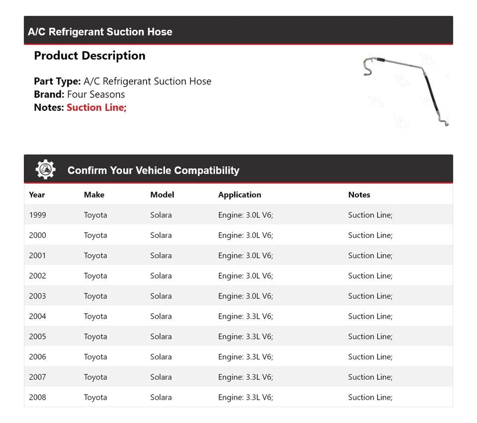 Шланг всасывания хладагента для Toyota Solara 1999-2008 годов выпуска 4 сезона 2000 2001 - Изображение 2 из 4