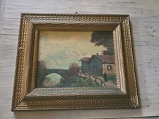 Antico Quadro Olio Su Tavola Cornice Guilloche Oro Paesaggio Rurale  Montagna 