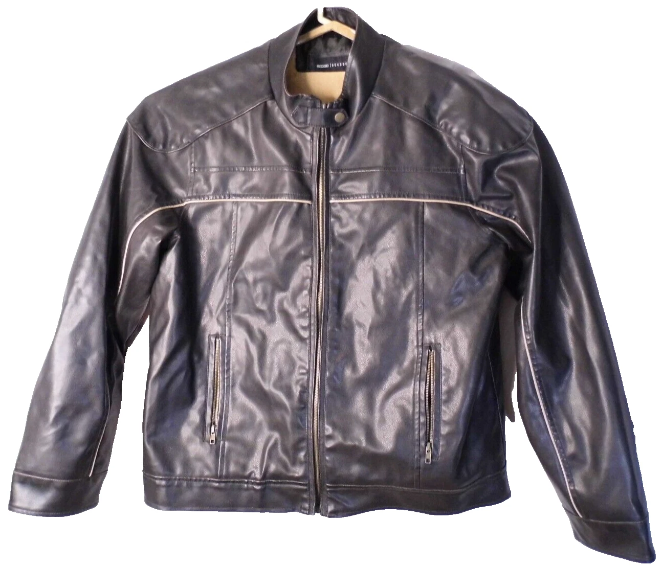Coat Vintage Decoded Black Vegan Leather Men's Jacket Lined Biker style Large - product detail image 1