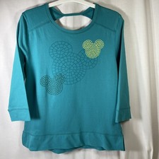 Disney Parks Large Women's Mickey Mouse Sweatshirt Teal Blue Cutout Back 3/4 Slv
