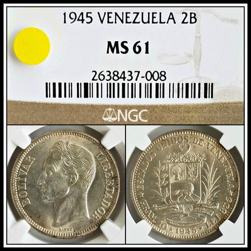 1945 Silver Venezuela 2 Bolivares NGC MS 61 Uncirculated Vintage Classic Coin - 第 1/4 張圖片
