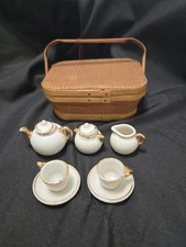 Vintage/Antique Miniature Porcelain Tea Set in Wicker Basket 9 Pieces Dollhouse
