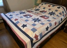 Stars Stripes Hand Stitched Quilt Patchwork Red White And Blue L84xW87" Vintage