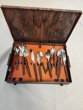 Vtg Danish Child's Pretend Play Faux Wood Handles  Case Flatware Silverware
