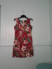 Vintage Kona Malia Barkcloth 90's Hawaiian Dress Sz M Cotton Red Hibiscus 