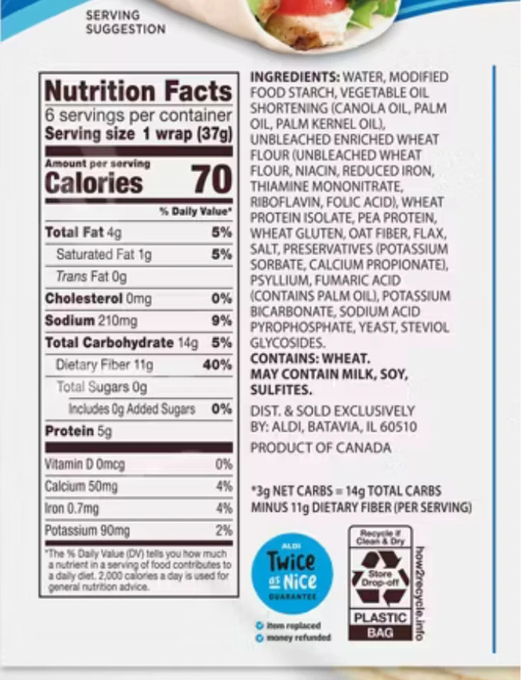 Tortilla original L'Oven baja en carbohidratos, 3 gramos de carbohidratos netos, paquete de 3 Foto 2 de 3