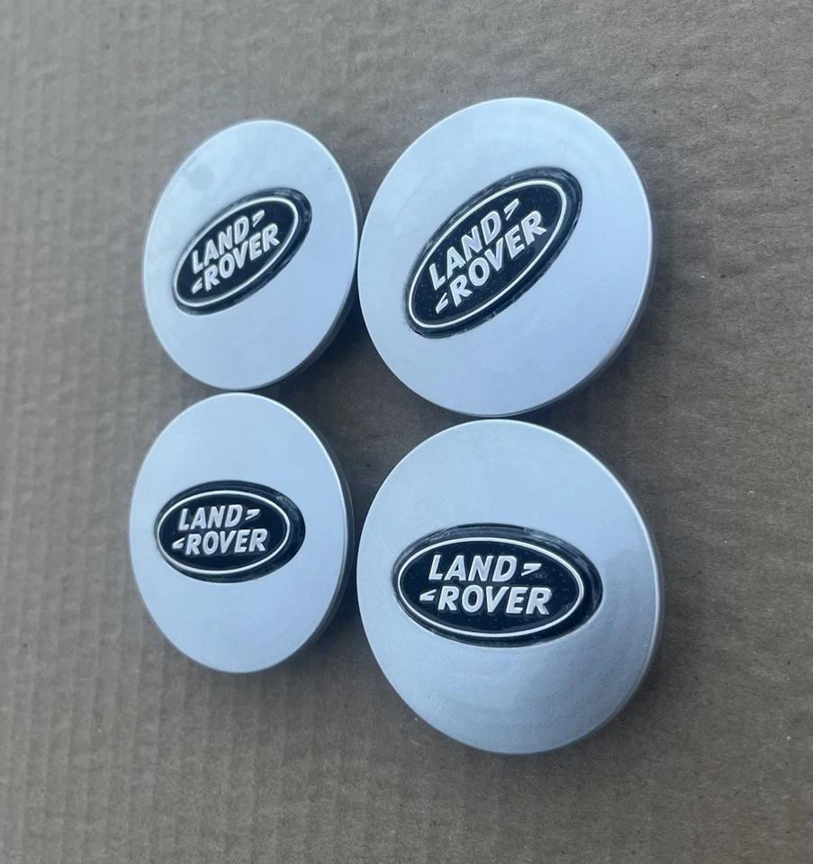 Set of 4 Land Rover Wheel Center Hub Caps Rim Cover Glossy Silver Black - Image 3 of 4