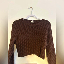 Cropped Womens L Brown Solid Cable-Knit Crew ...