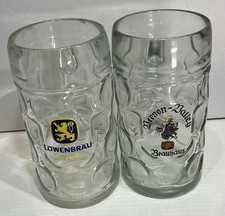 Set (2) 1L Dimpled Glass Beer Mug Steins Lowenbrau & Vernon Valley Oktoberfest