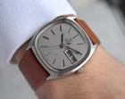 1973 Omega TV Dial Men's Watch Vintage Steel Quartz Square Day Date Leather