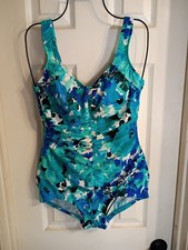Maxine Of Hollywood 1 Pc. Swimsuit Green Blue Floral Sz 10 Tummy Control Ruching