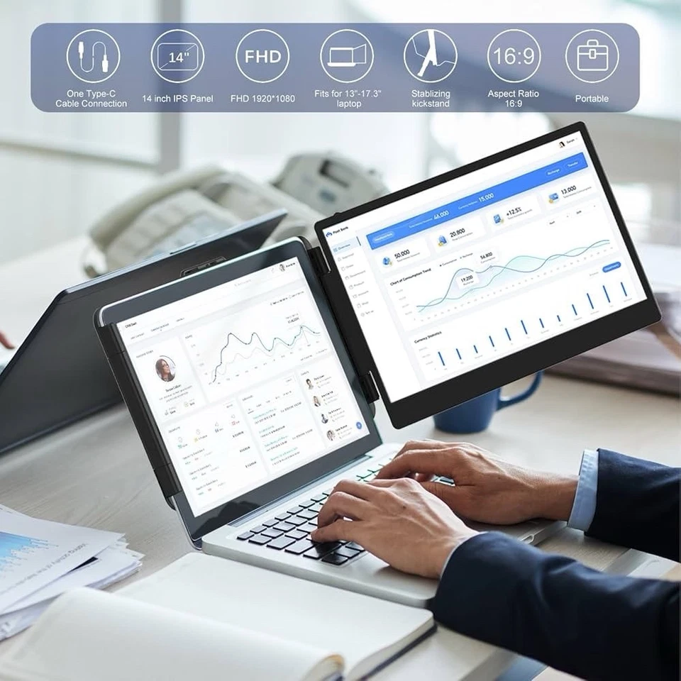 14" Laptop Monitor Extender, FHD 1080P IPS Dual Laptop Screen Extender, HDMI/... - Image 3 of 4