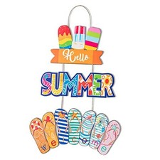 3Pcs Hello Summer Hanging Door Sign Decor Beach Welcome Sign Plaque Wooden