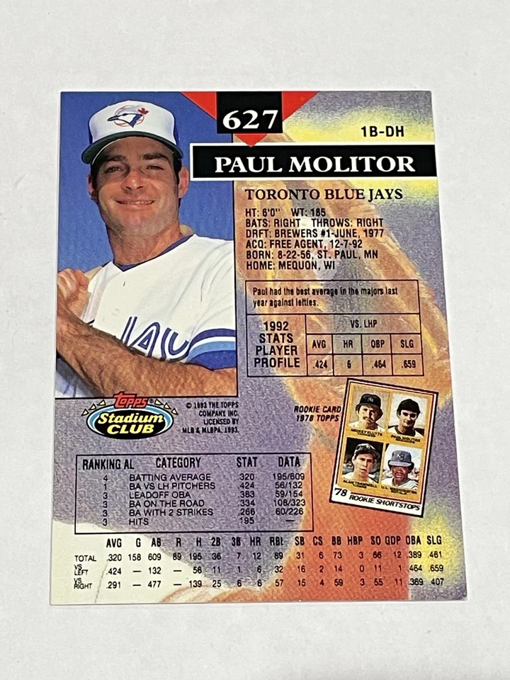 1993 Stadium Club Baseball #627 - Paul Molitor - Toronto Blue Jays - Image 2 of 2