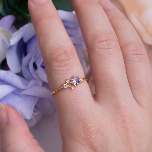 Tanzanite Star Ring Moonstone Cluster Purple Crystal Gold Vermeil Promise Ring - Picture 5 of 8