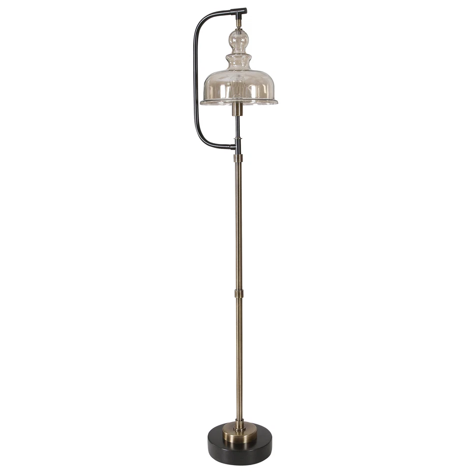Modern Industrial Style Floor Lamp Amber Glass Bell Shade Brass Bronze Black - Image 4 of 4