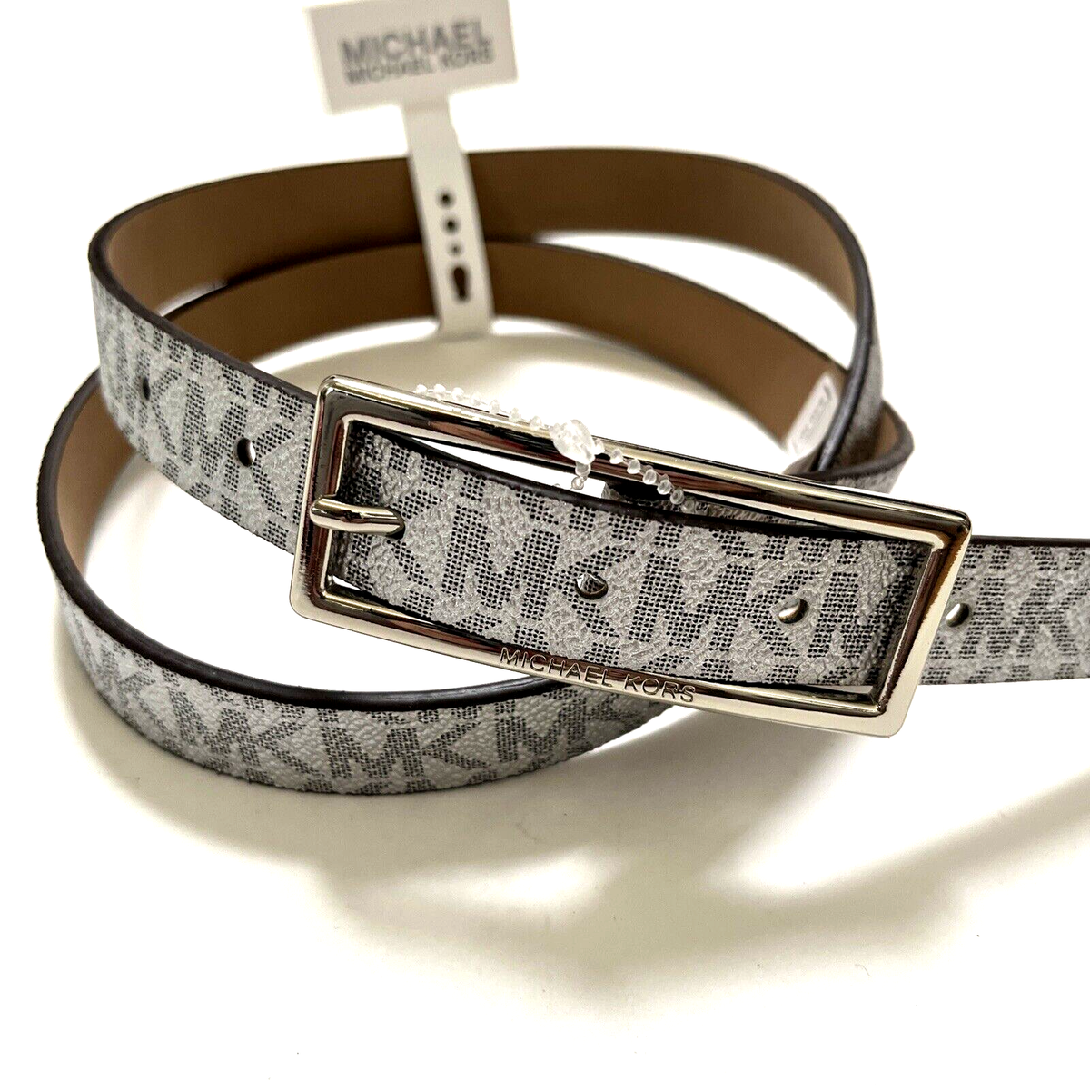 Michael Kors Silver Logo Embossed Leather Belt Michael Kors Monogram MK Logo Female Faux Leather Belt  main image 4