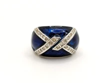 Blue Enamel Silver Tone Dome Fashion Ring Scottish Flag Rhinestones Statement 5
