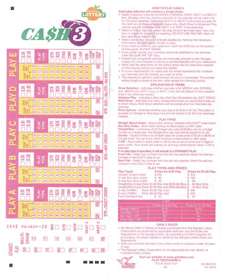Georgia Lottery Cash 3 Unused Play Slip | eBay