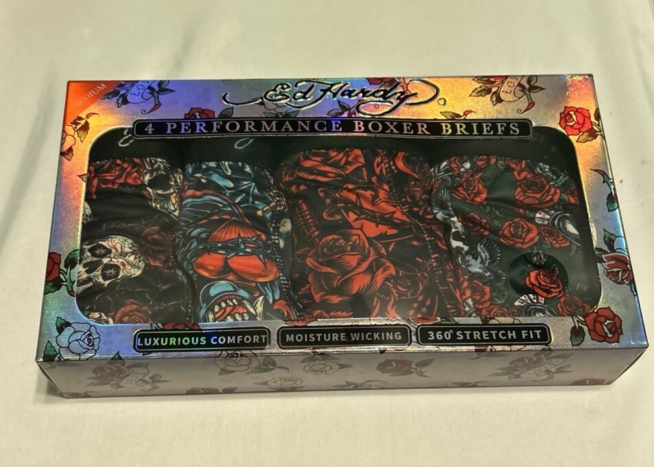 ED HARDY Men's Skull Print Performance Boxer Briefs Poly Spandex Goth Style X-Large 40-42