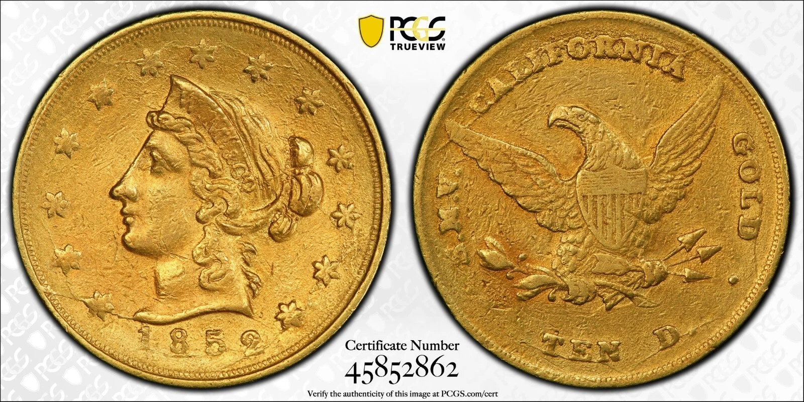 1852 Wass, Molitor & Co. Large Head California Gold $10 Gold PCGS AU 53