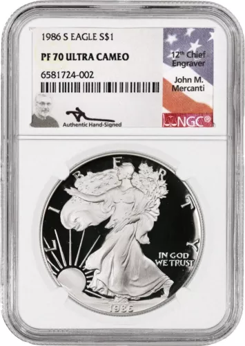 1986 S $1 Proof Silver American Eagle NGC PF70 UC John Mercanti Signature Label