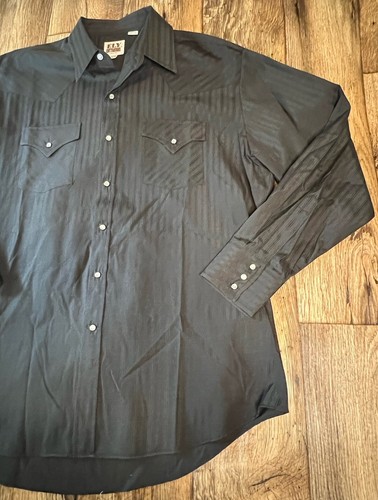 Ely Cattleman XL Pearl Snap Shirt Black Striped Poly Cotton Blend Long Sleeved - Picture 2 of 5