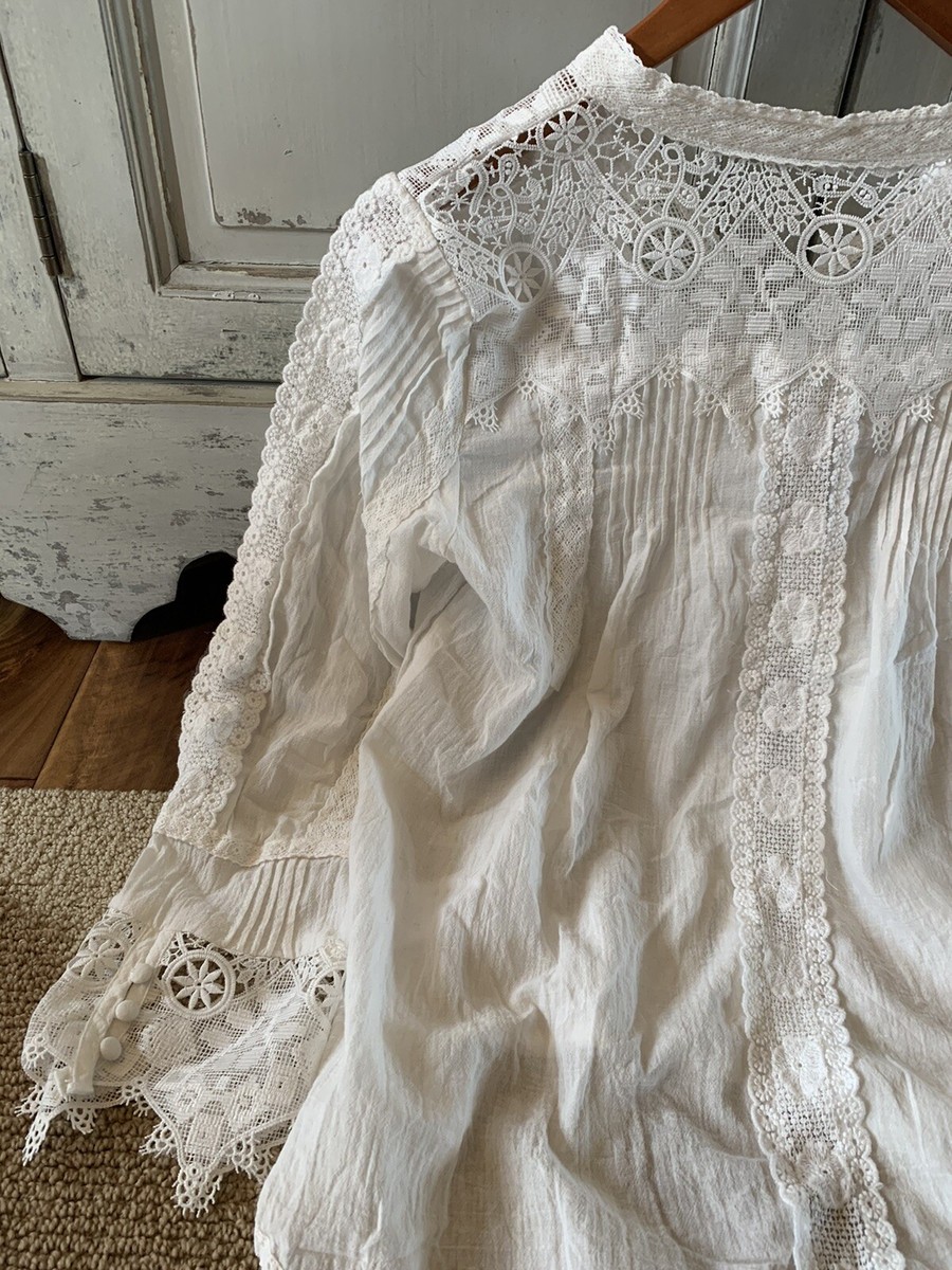 M Boho Battenburg White Lace Long Sleeve Blouse Vtg 70s Insp