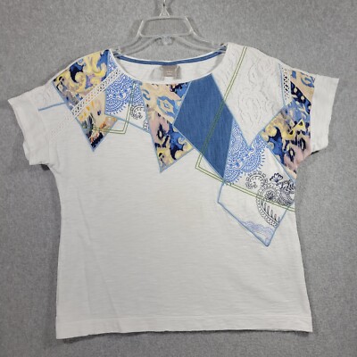 Chico's Shirt Womens 1 Medium Tee Aplique Embroidered White Blues Multi Fabric